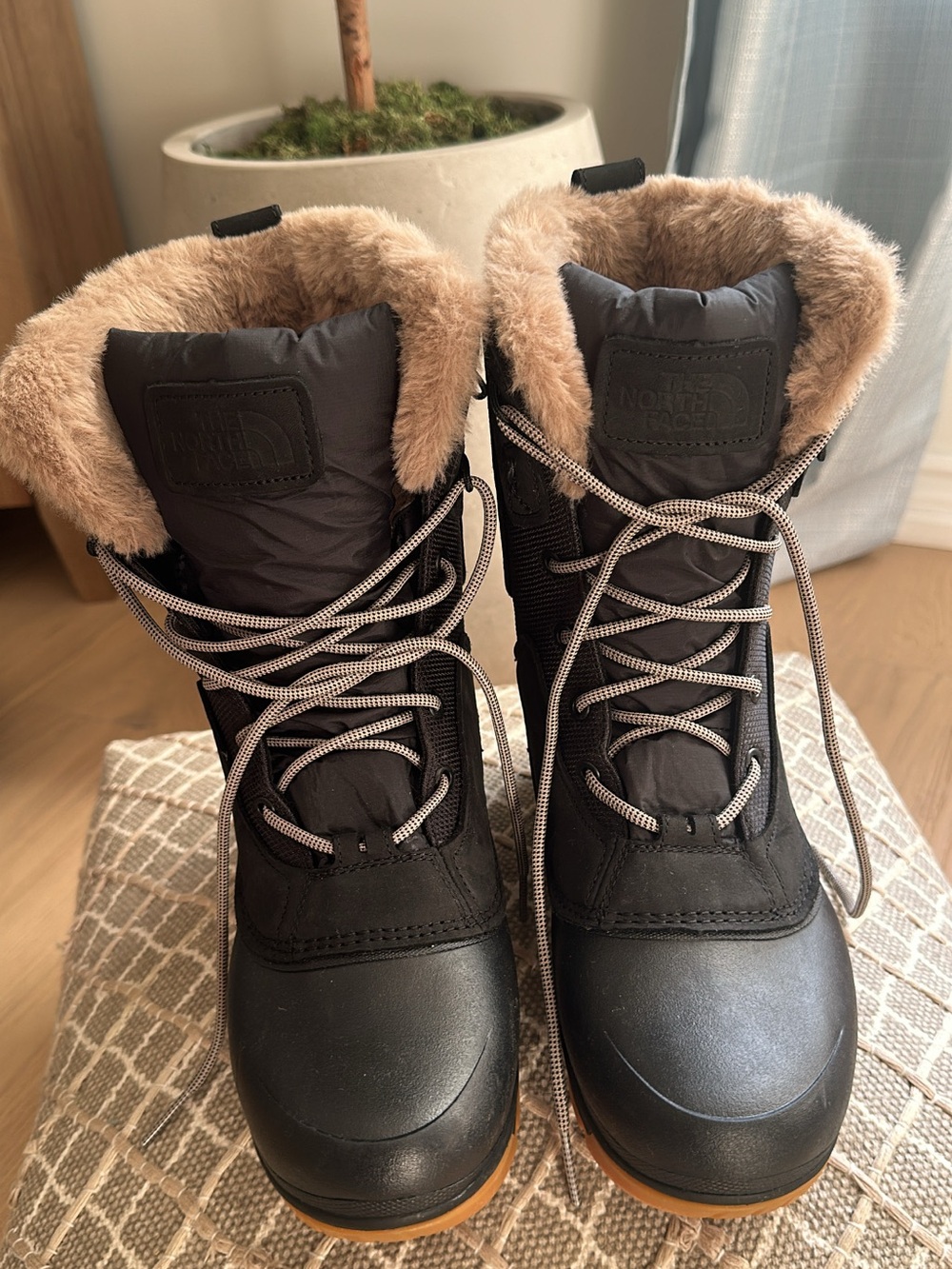 The North Face Black Winter Lace-Up Boots with Tan Faux-Fur Cuff